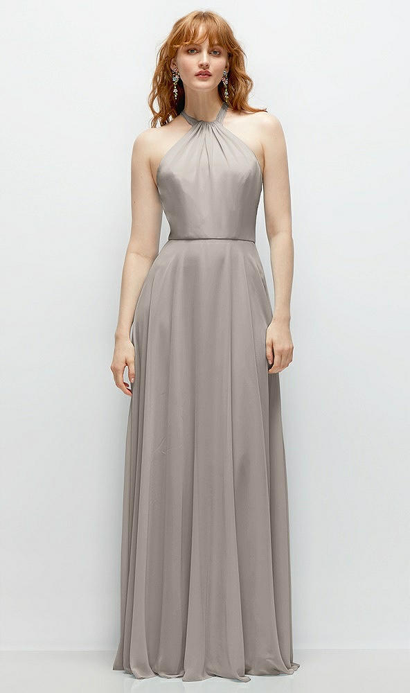 Front View - Taupe Shirred Halter Chiffon Maxi Dress with Back Sash-Tie Closure