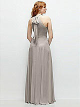 Rear View Thumbnail - Taupe Shirred Halter Chiffon Maxi Dress with Back Sash-Tie Closure