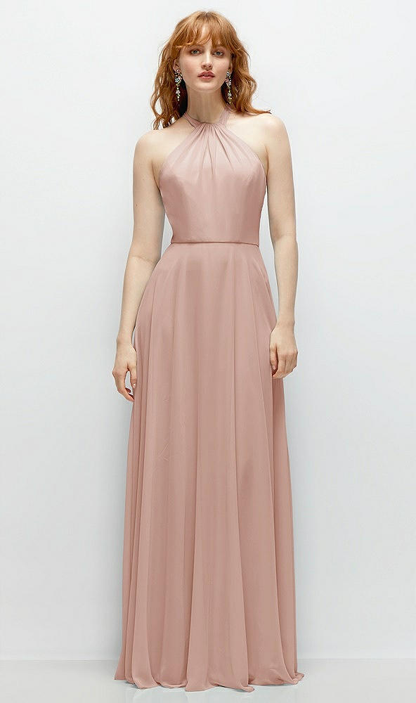 Front View - Toasted Sugar Shirred Halter Chiffon Maxi Dress with Back Sash-Tie Closure