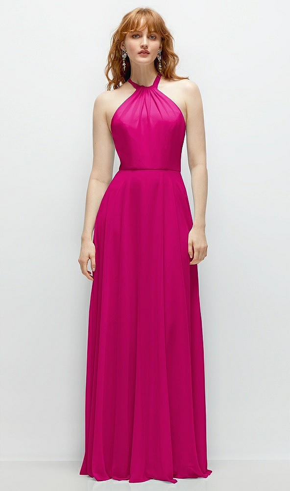 Front View - Think Pink Shirred Halter Chiffon Maxi Dress with Back Sash-Tie Closure