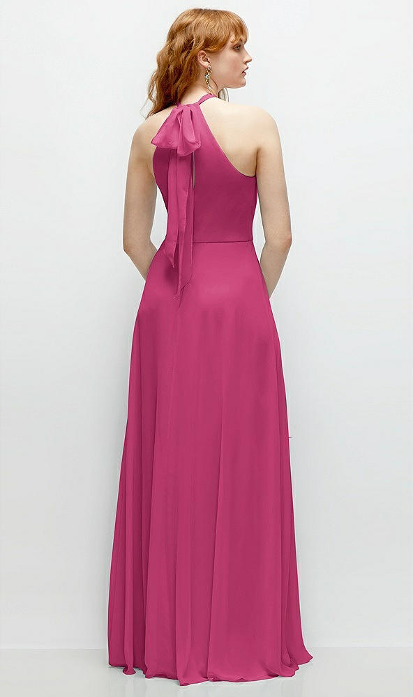 Back View - Tea Rose Shirred Halter Chiffon Maxi Dress with Back Sash-Tie Closure