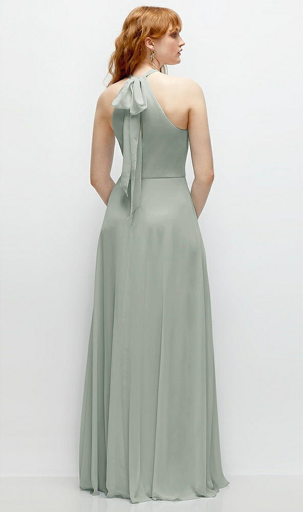 Back View - Willow Green Shirred Halter Chiffon Maxi Dress with Back Sash-Tie Closure