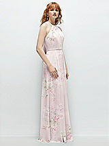 Side View Thumbnail - Watercolor Print Shirred Halter Chiffon Maxi Dress with Back Sash-Tie Closure