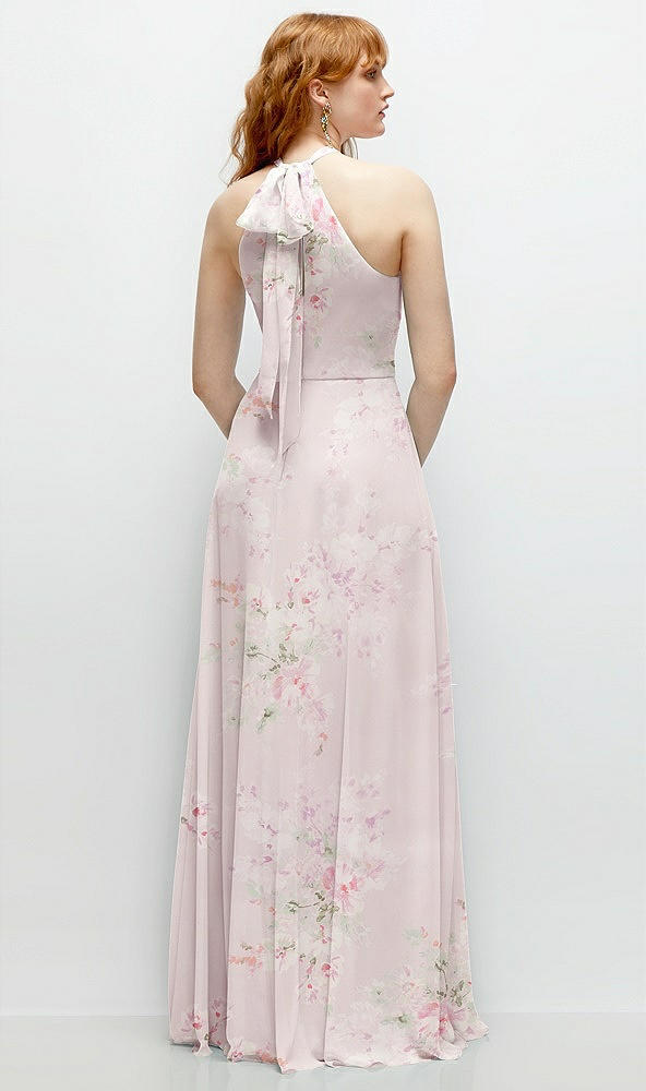 Back View - Watercolor Print Shirred Halter Chiffon Maxi Dress with Back Sash-Tie Closure