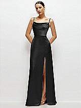 Front View Thumbnail - Black Cowl Neck Satin Maxi Dress with Adjustable Spaghetti Straps