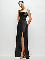 Side View Thumbnail - Black Cowl Neck Satin Maxi Dress with Adjustable Spaghetti Straps