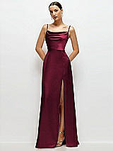 Front View Thumbnail - Cabernet Cowl Neck Satin Maxi Dress with Adjustable Spaghetti Straps