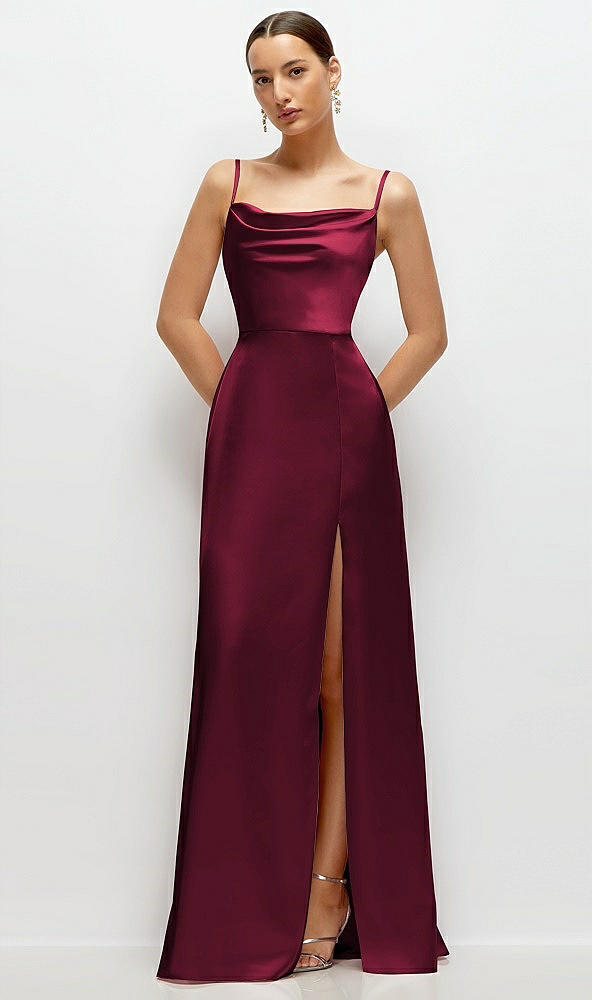 Front View - Cabernet Cowl Neck Satin Maxi Dress with Adjustable Spaghetti Straps