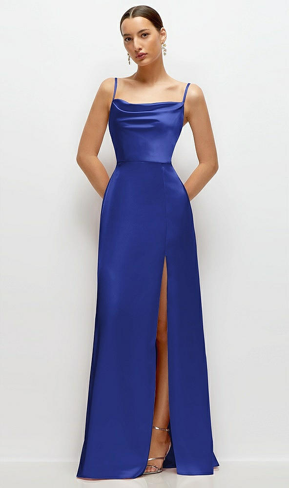 Front View - Cobalt Blue Cowl Neck Satin Maxi Dress with Adjustable Spaghetti Straps