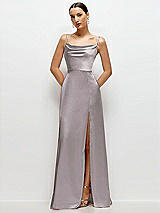 Front View Thumbnail - Cashmere Gray Cowl Neck Satin Maxi Dress with Adjustable Spaghetti Straps