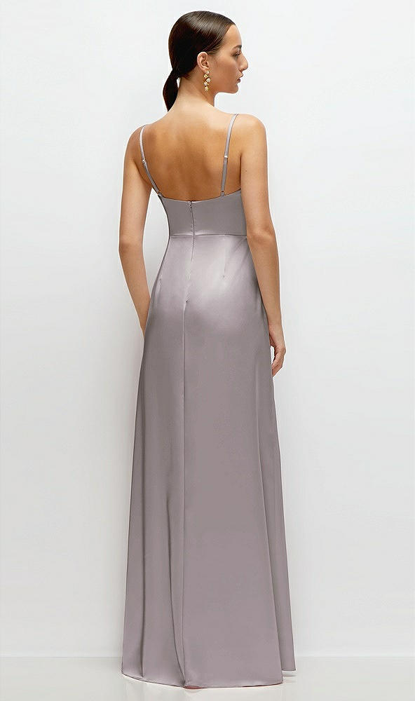 Back View - Cashmere Gray Cowl Neck Satin Maxi Dress with Adjustable Spaghetti Straps