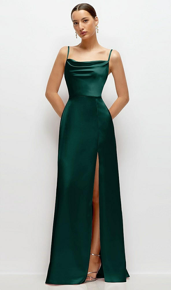 Front View - Evergreen Cowl Neck Satin Maxi Dress with Adjustable Spaghetti Straps