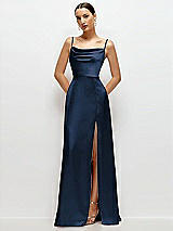 Front View Thumbnail - Midnight Navy Cowl Neck Satin Maxi Dress with Adjustable Spaghetti Straps