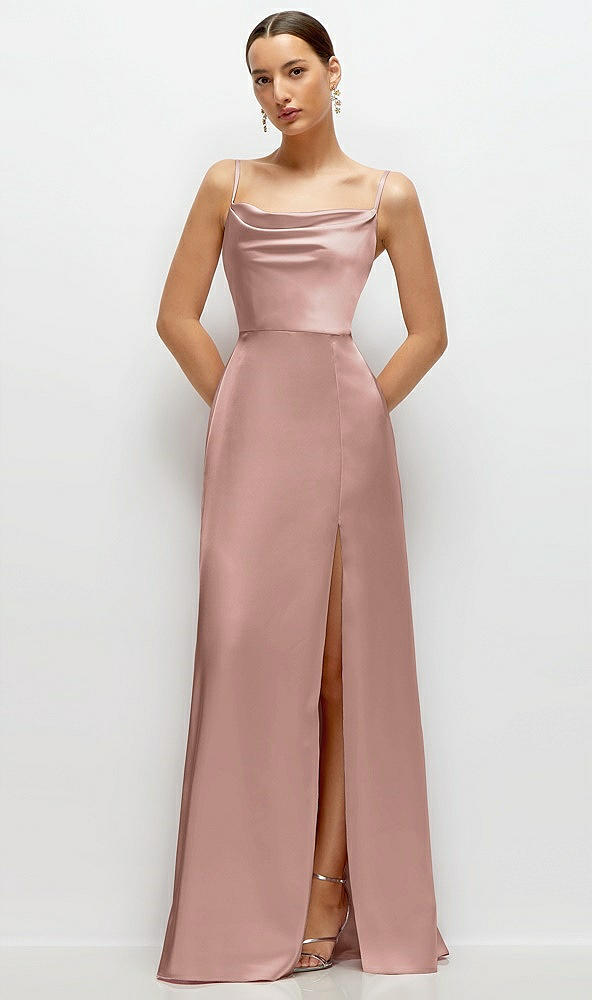 Front View - Neu Nude Cowl Neck Satin Maxi Dress with Adjustable Spaghetti Straps