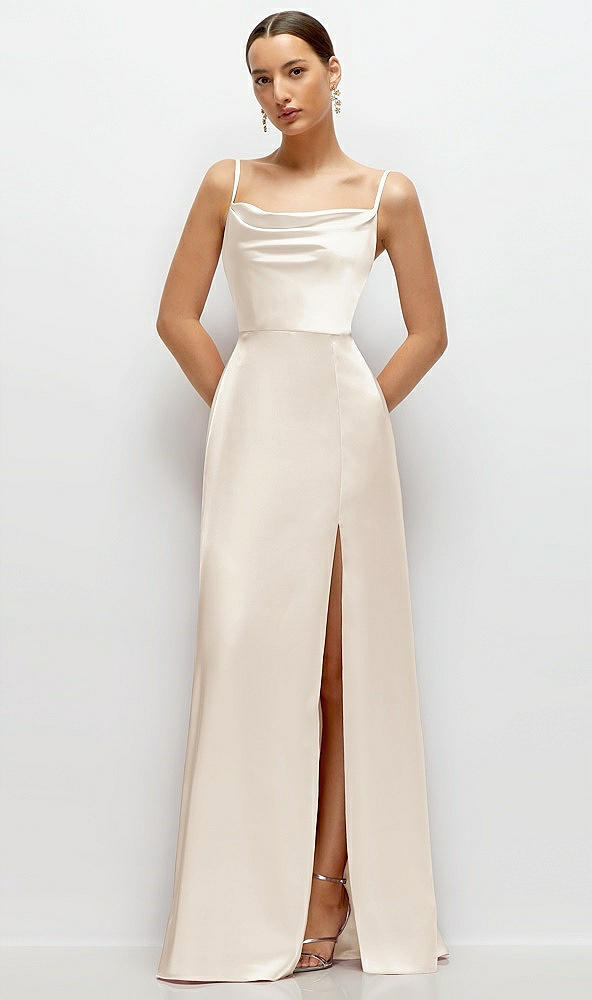 Front View - Oat Cowl Neck Satin Maxi Dress with Adjustable Spaghetti Straps