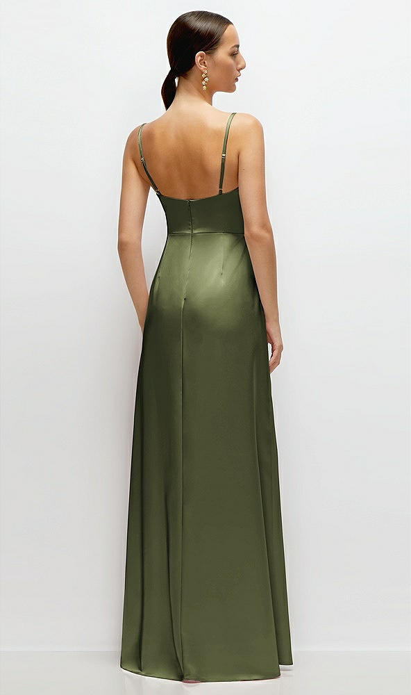 Back View - Olive Green Cowl Neck Satin Maxi Dress with Adjustable Spaghetti Straps