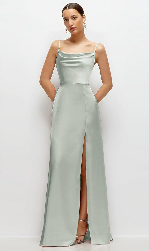 Front View - Willow Green Cowl Neck Satin Maxi Dress with Adjustable Spaghetti Straps