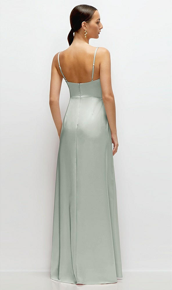 Back View - Willow Green Cowl Neck Satin Maxi Dress with Adjustable Spaghetti Straps