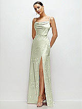 Side View Thumbnail - Vintage Primrose Celadon Floral Cowl Neck Satin Maxi Dress with Adjustable Spaghetti Straps