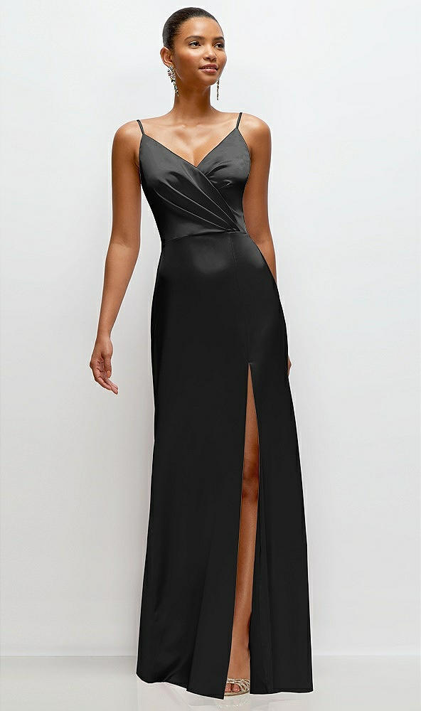 Front View - Black Pleated Faux Wrap Satin Maxi Dress with Adjustable Spaghetti Straps