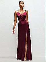 Front View Thumbnail - Cabernet Pleated Faux Wrap Satin Maxi Dress with Adjustable Spaghetti Straps