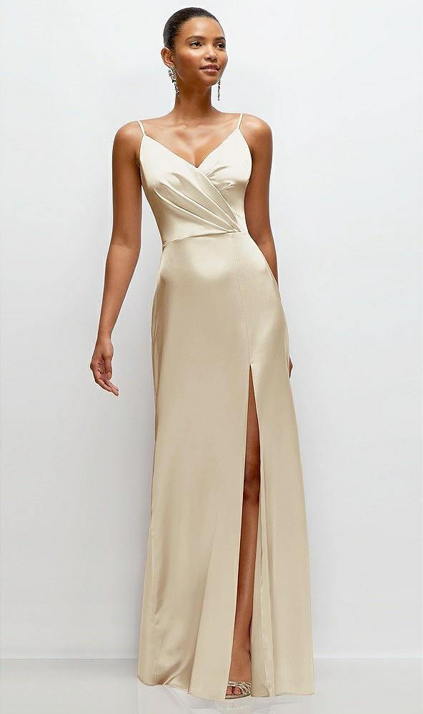 Front View - Champagne Pleated Faux Wrap Satin Maxi Dress with Adjustable Spaghetti Straps