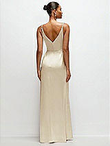 Rear View Thumbnail - Champagne Pleated Faux Wrap Satin Maxi Dress with Adjustable Spaghetti Straps