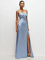 Side View Thumbnail - Cloudy Pleated Faux Wrap Satin Maxi Dress with Adjustable Spaghetti Straps