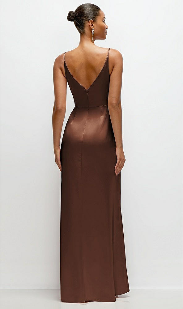 Back View - Cognac Pleated Faux Wrap Satin Maxi Dress with Adjustable Spaghetti Straps