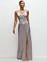 Front View Thumbnail - Cashmere Gray Pleated Faux Wrap Satin Maxi Dress with Adjustable Spaghetti Straps