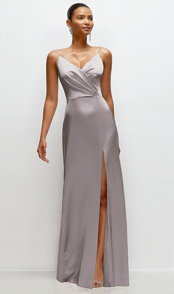 Front View - Cashmere Gray Pleated Faux Wrap Satin Maxi Dress with Adjustable Spaghetti Straps