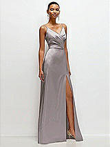 Side View Thumbnail - Cashmere Gray Pleated Faux Wrap Satin Maxi Dress with Adjustable Spaghetti Straps