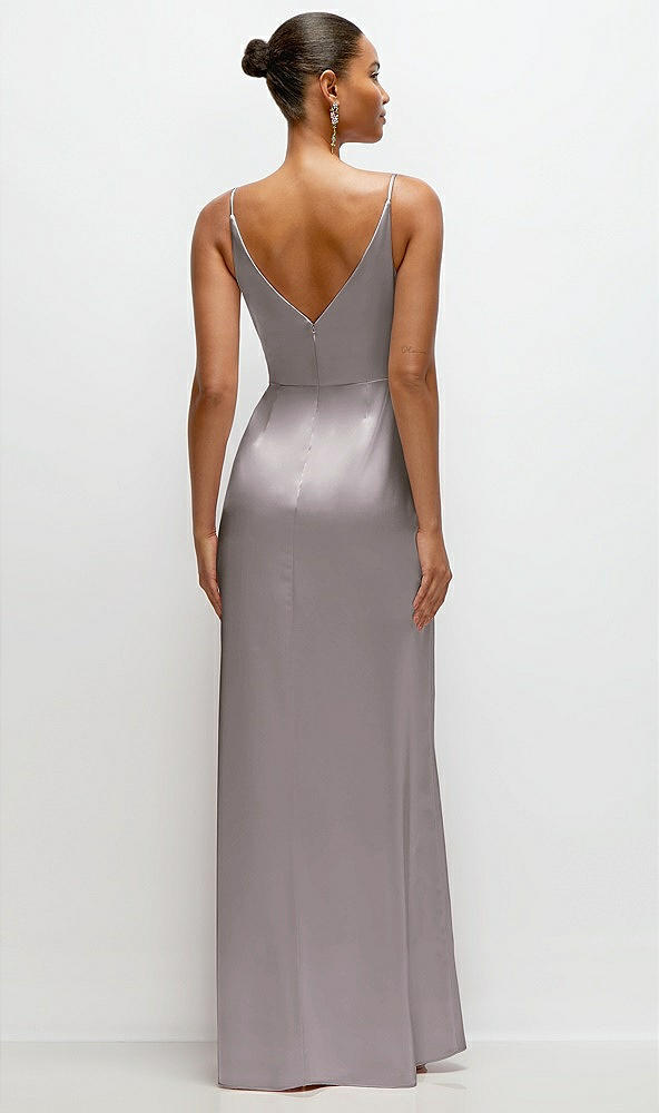 Back View - Cashmere Gray Pleated Faux Wrap Satin Maxi Dress with Adjustable Spaghetti Straps