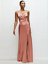 Front View Thumbnail - Desert Rose Pleated Faux Wrap Satin Maxi Dress with Adjustable Spaghetti Straps