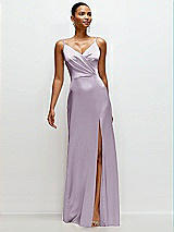 Front View Thumbnail - Lilac Haze Pleated Faux Wrap Satin Maxi Dress with Adjustable Spaghetti Straps