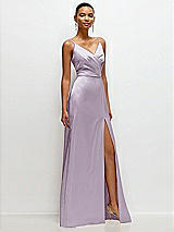 Side View Thumbnail - Lilac Haze Pleated Faux Wrap Satin Maxi Dress with Adjustable Spaghetti Straps