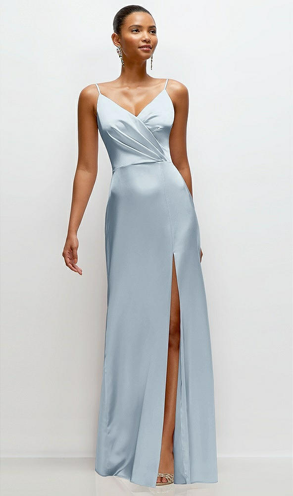 Front View - Mist Pleated Faux Wrap Satin Maxi Dress with Adjustable Spaghetti Straps