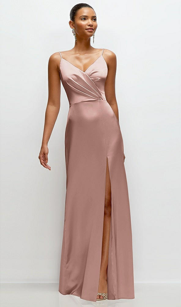 Front View - Neu Nude Pleated Faux Wrap Satin Maxi Dress with Adjustable Spaghetti Straps