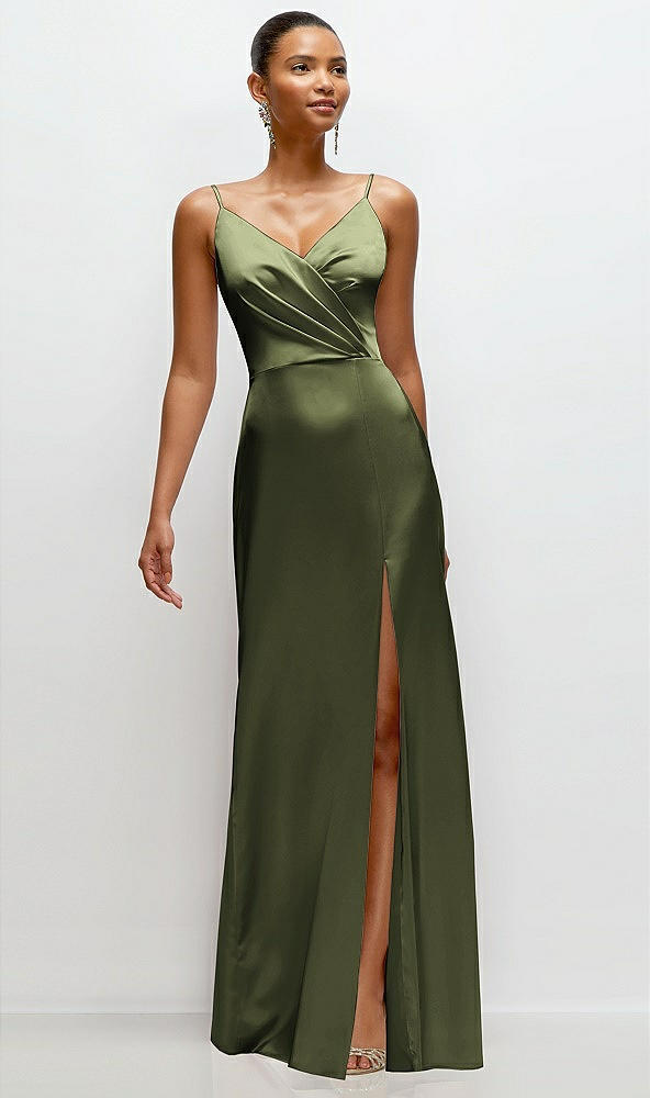 Front View - Olive Green Pleated Faux Wrap Satin Maxi Dress with Adjustable Spaghetti Straps