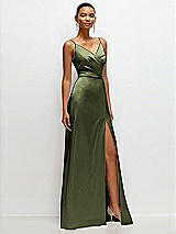 Side View Thumbnail - Olive Green Pleated Faux Wrap Satin Maxi Dress with Adjustable Spaghetti Straps