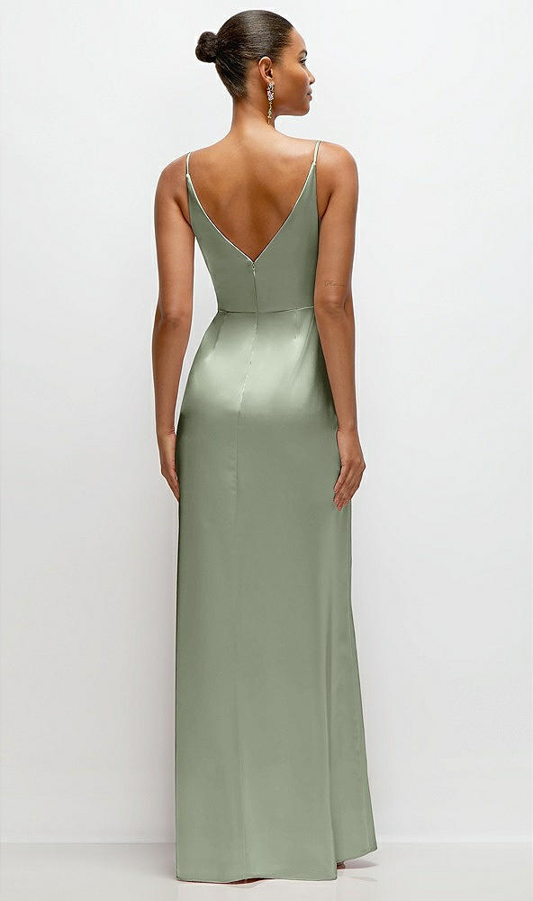 Back View - Sage Pleated Faux Wrap Satin Maxi Dress with Adjustable Spaghetti Straps