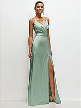 Side View Thumbnail - Seagrass Pleated Faux Wrap Satin Maxi Dress with Adjustable Spaghetti Straps