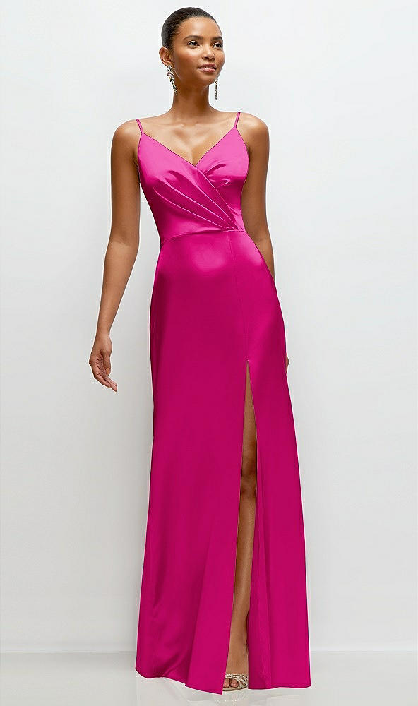 Front View - Think Pink Pleated Faux Wrap Satin Maxi Dress with Adjustable Spaghetti Straps