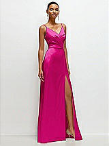 Side View Thumbnail - Think Pink Pleated Faux Wrap Satin Maxi Dress with Adjustable Spaghetti Straps