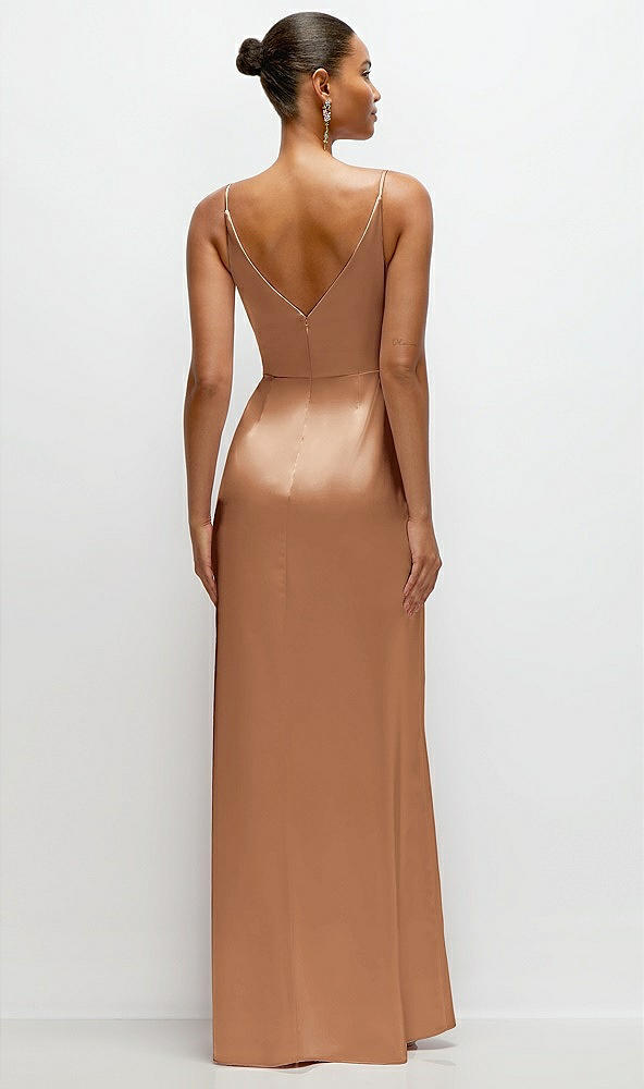 Back View - Toffee Pleated Faux Wrap Satin Maxi Dress with Adjustable Spaghetti Straps