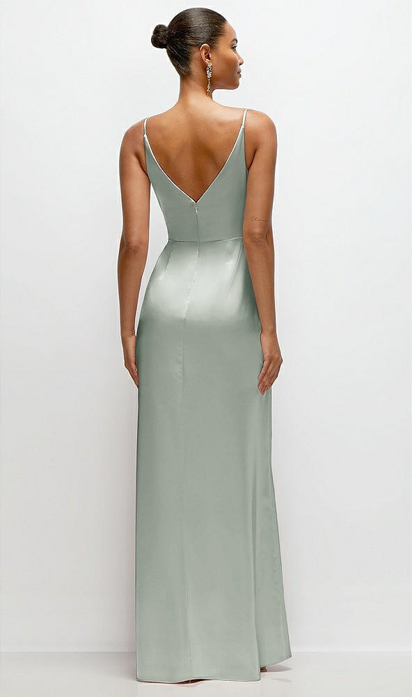 Back View - Willow Green Pleated Faux Wrap Satin Maxi Dress with Adjustable Spaghetti Straps