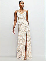 Front View Thumbnail - Golden Hour Floral Pleated Faux Wrap Satin Maxi Dress with Adjustable Spaghetti Straps