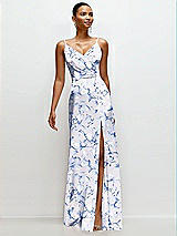 Front View Thumbnail - Magnolia Sky Floral Pleated Faux Wrap Satin Maxi Dress with Adjustable Spaghetti Straps