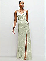 Front View Thumbnail - Vintage Primrose Celadon Floral Pleated Faux Wrap Satin Maxi Dress with Adjustable Spaghetti Straps