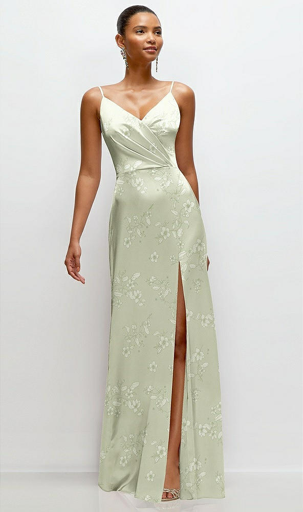 Front View - Vintage Primrose Celadon Floral Pleated Faux Wrap Satin Maxi Dress with Adjustable Spaghetti Straps